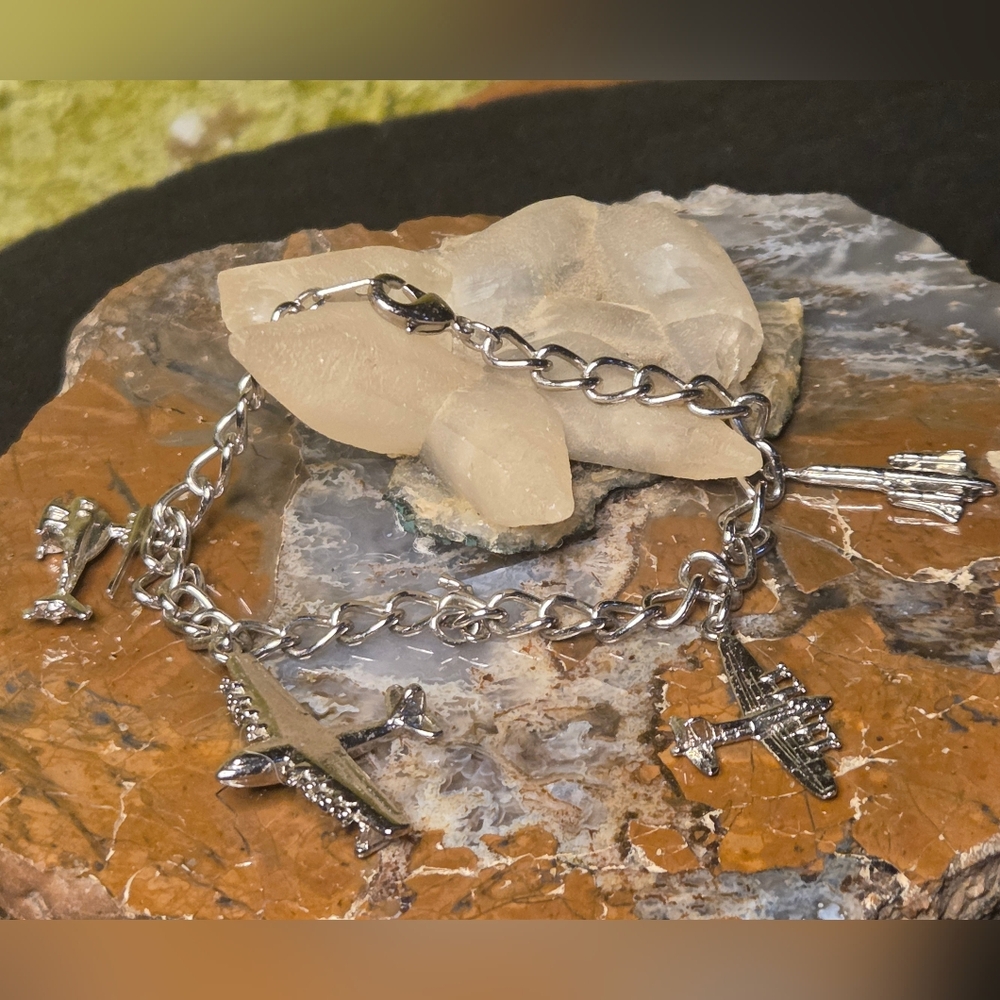 Vintage Silver Toned Airplane Aviation Charm Bracelet